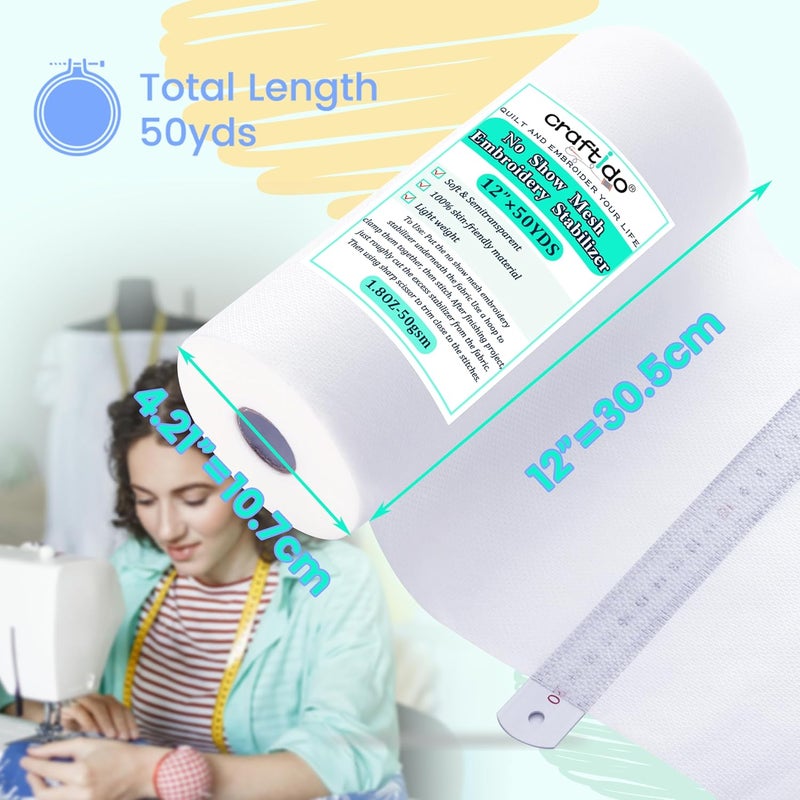 craftido No Show Mesh Embroidery Stabilizer Backing 12" x 50 Yd/roll Compatible with Most Hoops 1.8oz Light Weight for Machine Embroidery and Hand Sewing - Image 2